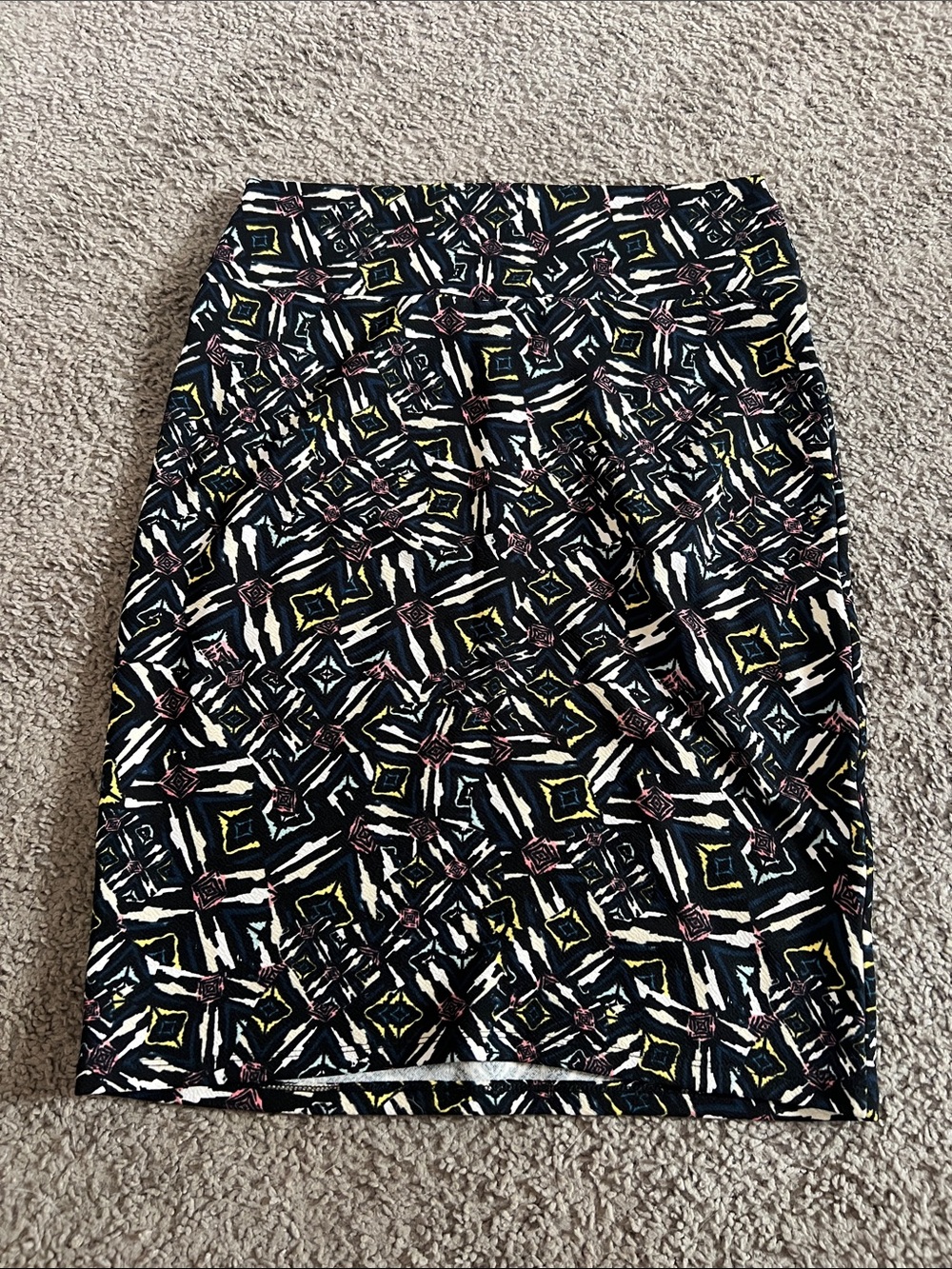 LuLaRoe Black Geometric Pencil Skirt with Yellow & Pink Accents